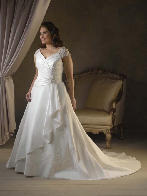 Gorgeous Floor Length A Line Cap Sleeves Zipper Sweep/Brush Train With Beading,Embroidery Wedding Dresses