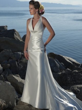 Gorgeous Floor Length A Line Halter Zipper Sweep/Brush Train With Brooch,Ruffles Wedding Dresses