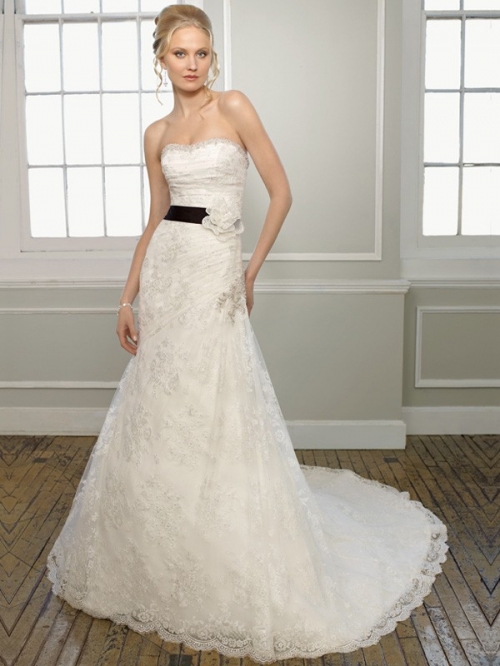 Gorgeous Floor Length A Line Strapless Lace Up Sweep/Brush Train With Lace,Appliques,Sash Wedding Dresses