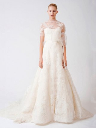 Graceful Floor Length A-Line Lace Neckline Low Back Sweep Train With Embroidery,Button Wedding Dresses WDresses00847