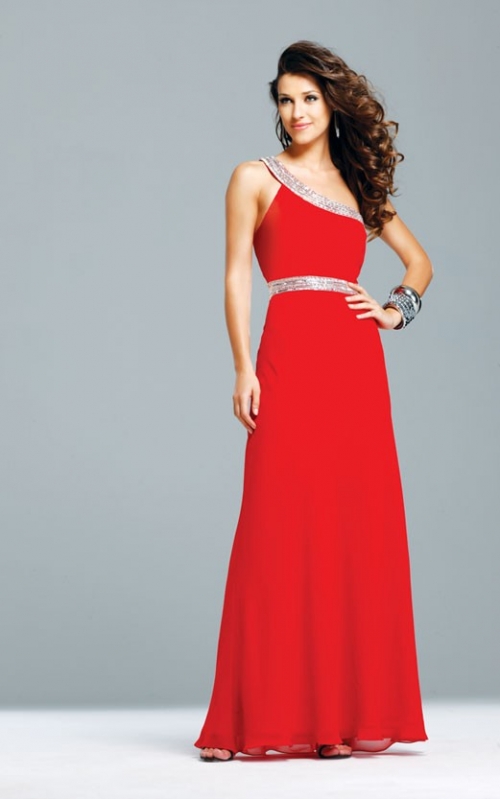 Beaded One shoulder Hot Sell Red Chiffon Evening Dress