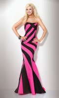 Strapless Hot Pink & Black Striped Gown V986