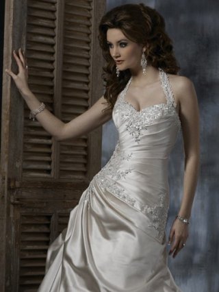 Interesting Floor Length A-Line Halter Low Back Sweep Train With Applique,Bandage Wedding Dresses WDresses00894