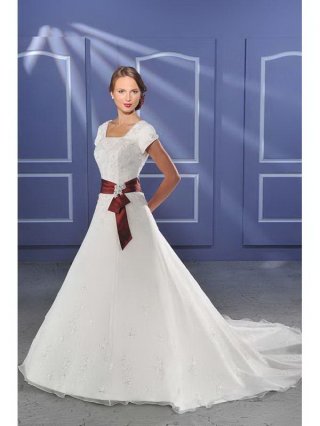 Irresistible Floor Length A-Line Short Sleeves Sweep Train With Embroidery,Red Sash,Button Wedding Dresses WDresses01001
