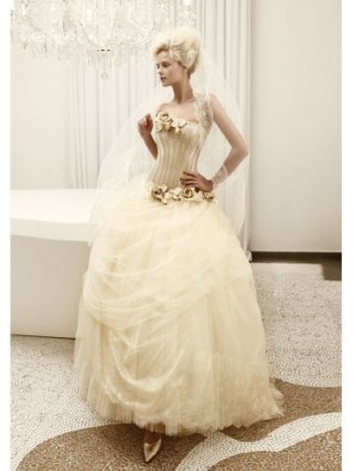 Lace Tulle Ball Gown Strapless Straight Neckline Boned Bodice Wedding Dress