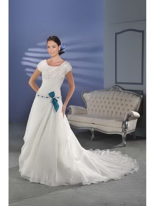 Ladylike Floor Length A-Line Short Sleeves Sweep Train With Bowknot,Beads Wedding Dresses WDresses00995