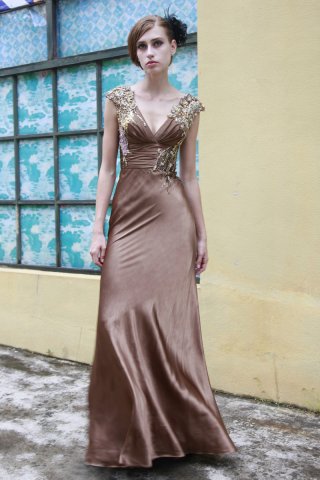 Harvest Gold and Brown Long Cocktail Dress