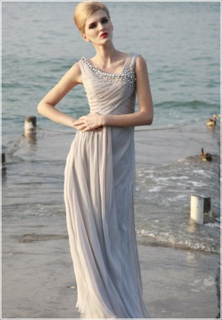 Grey-Beige Wrapped Evening Gown