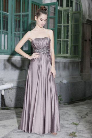 Gray Satin Strapless Evening Gown with Belted Waist