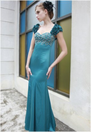 Turquoise Ocean Short Sleeve Evening Gown Turquoise Ocean Short Sleeve Evening Gown
