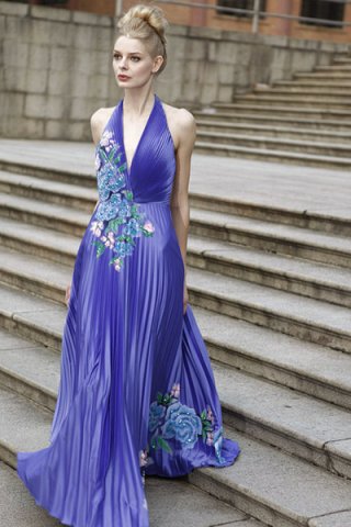 Royal Purple Halter Bridesmaid Dress with Flowers