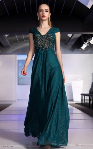 Glitter Dark Pine Green Blue Capped Sleeved Evening Dress
