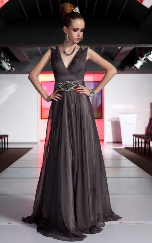 Dark Gray V-neck Empire Waist Prom Dress