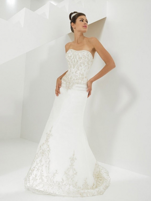 Luxurious Floor Length A-Line Strapless Low Back Sweep Train With Embroidery,Beads,Button Wedding Dresses WDresses00748