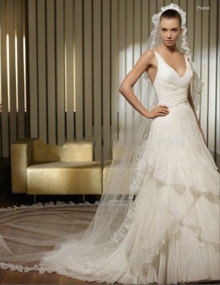 A-Line Chapel Train Satin & Organza V-Neck Wedding Dress