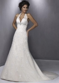 A-Line Halter Chapel Train Satin & Organza Informal Wedding Dress