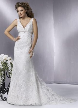 Sheath Court Train Satin & Organza V-Neck Wedding Dress