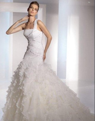 Trumpet One Shoulder Chapel Train Satin & Organza Bridal Gown