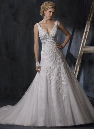 A-Line Court Train Satin & Organza V-Neck Wedding Dress