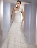 A-Line One Shoulder Chapel Train Satin & Organza Bridal Gown