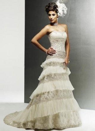 A-Line Strapless Court Train Satin & Tulle Bridal Gown