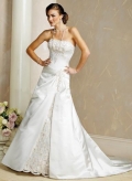 A-Line Strapless Court Train Satin & Lace Bridal Gown