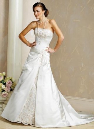 A-Line Strapless Court Train Satin & Lace Bridal Gown