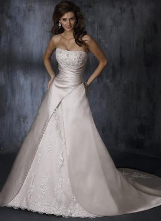 A-Line Strapless Court Train Satin & Organza Bridal Gown
