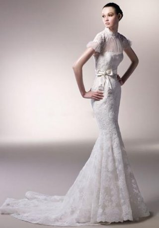 High Neck Chapel Train Satin & Lace Mermaid Bridal Wedding Dress
