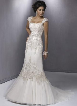 Mermaid Queen Anne Court Train Satin & Organza Bridal Wedding Dress