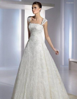 Princess Square Chapel Train Satin & Lace Bridal Gown