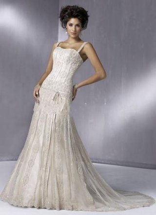 Sheath Straps Court Train Satin & Organza Bridal Gown