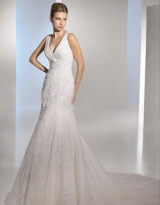 Trumpet V-Neck Chapel Train Satin & Organza Bridal Gown