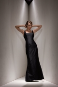 Bargain simple and modest black long length satin Mermaid Mother of Groom and Bride Dress with Straps