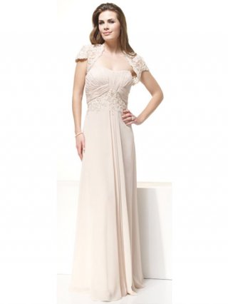 Long Chiffon Cream wrinkle Strapless Empire Waist lace wrap Mother of Groom and Bride Dress