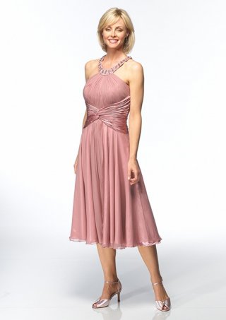 Chiffon Scoop Halter with Rouched Bodice and Short A line Skirt Hot Sell Mother of Bride Dress