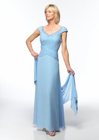 Chiffon Cap Sleeves with Rouched Bodice A line Floor Length Skirt Mother of Bride Dress