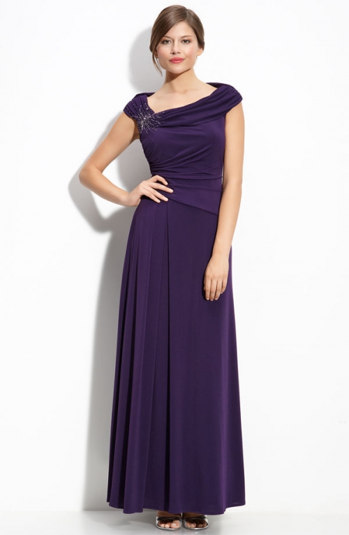 Beaded Off Shoulder Jersey Gown