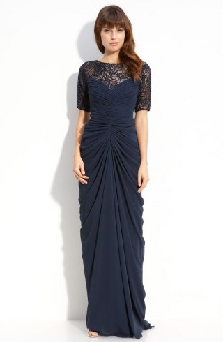 Beaded Ruched Chiffon & Mesh Gown