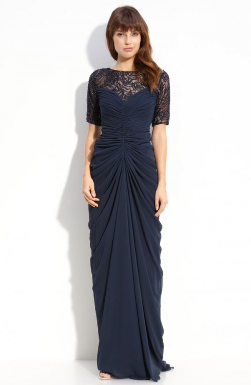 Beaded Ruched Chiffon & Mesh Gown