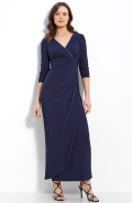 Rhinestone Trim Faux Wrap Jersey Gown
