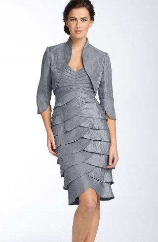 Tiered Hammered Satin Sheath Dress & Bolero