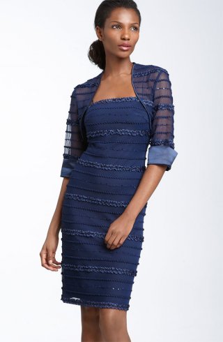 Ruffle Stripe Mesh Sheath Dress & Bolero