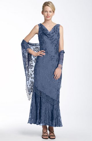 Floral Burnout Gown with Shawl