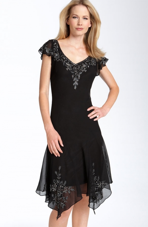 Beaded Flutter Sleeve Chiffon Dress
