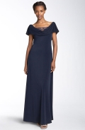 Drape Neck Gown with Beaded Illusion Mesh