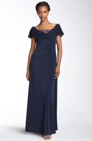 Drape Neck Gown with Beaded Illusion Mesh