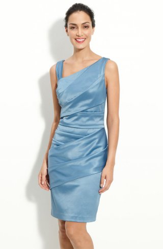 Asymmetrical Pleat Stretch Satin Sheath Dress