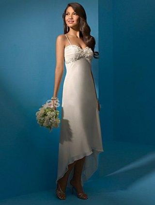 Column Spaghetti Straps Asymmetrical Satin & Chiffon Informal Wedding Dress