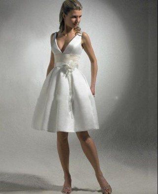 Ball Gown V-Neck Knee Length Satin Informal Wedding Dress